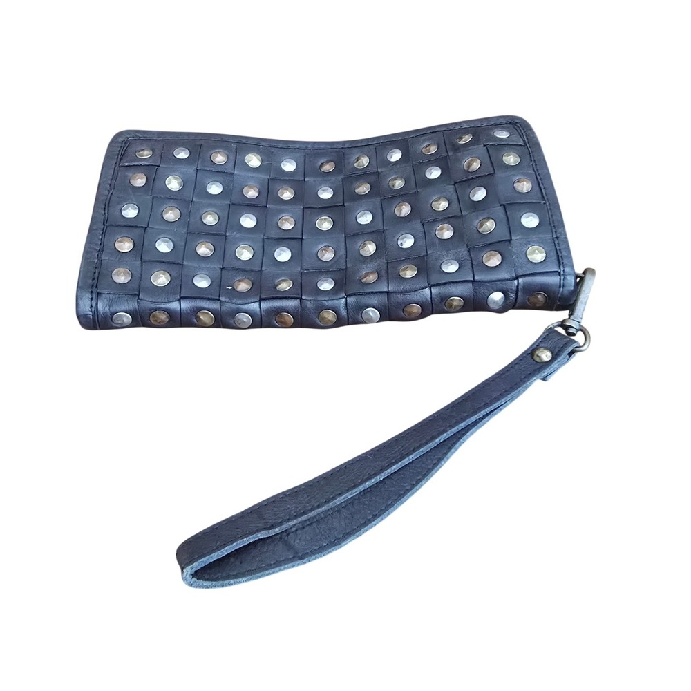 Viola Castellani Milano Black Woven Studded Leather Wristlet Wallet Made Italy